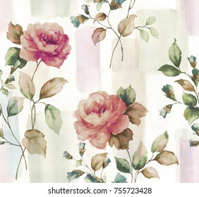 Water Colour Seamless Rose In Painted 
  Background