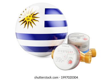 Water Consumption In Uruguay. Water Meters With Uruguayan Flag. 3D Rendering Isolated On White Background