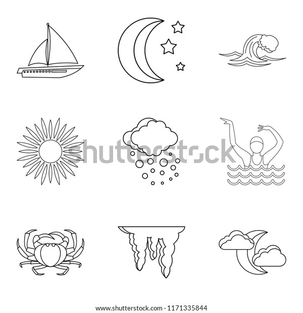 Water content icons set.\
Outline set of 9 water content icons for web isolated on white\
background