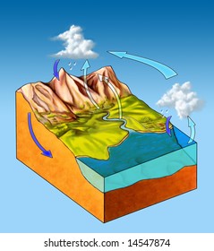 Water Cycle Diagram. Digital Illustration.