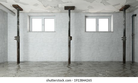 Water Damage After Flooding In The Basement With Ceiling Supports (3d Rendering)