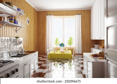 Water Damage After Flooding In Kitchen In A House (3D Rendering)