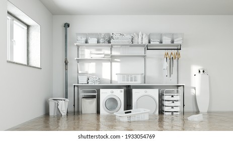 Water Damage After A Pipe Burst In The Laundry Room With Washing Machine And Dryer (3d Rendering)