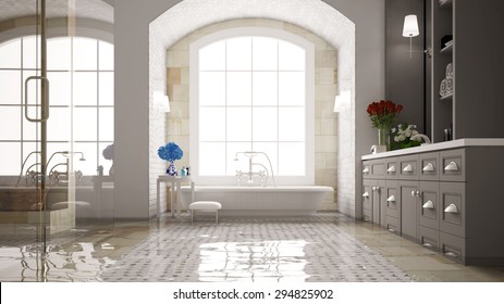 Water damage in a bath with bathtub after a flood (3D Rendering)