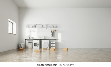 Water Damage With Flooding In The Laundry Room In The Basement After A Burst Pipe (3d Rendering)