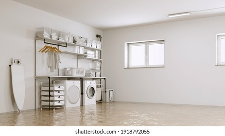 Water Damage In The Laundry Room After The Washing Machine Pipe Burst (3d Rendering)