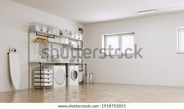 Water damage in the laundry room after the\
washing machine pipe burst (3d\
rendering)