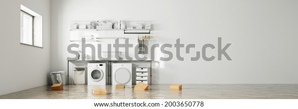 Water damage in the laundry room as a\
household insurance concept (3d\
illustration)