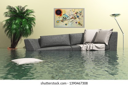 Water damage in the living room (3D Rendering)