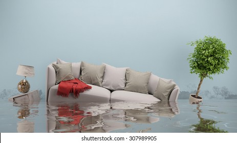 Water damager after flooding in house with furniture floating (3D Rendering)