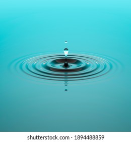 Water drop falling into water surface with ripples 3D illustration