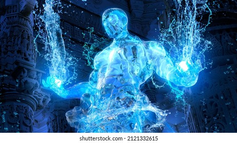The water elemental rises majestically above the water in an ancient temple with waterfalls forming luminous streams of water upwards, it has a perfect golden body and glowing eyes. 3d rendering