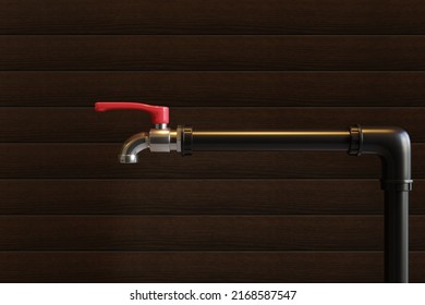 Water Faucet With Black Plastic Water Pipes On Brown Wooden Wall Background. 3d Render.