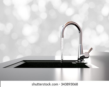 Water Flows From The Kitchen Faucet To Sink On Bokeh Lights Background