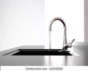 Water Flows From The Kitchen  Tap To Sink