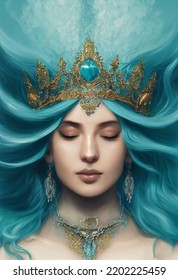 Water Goddess Wife Of Neptune Or Poseidon Water Queen Beautiful Water Maiden Portrait Illustration 