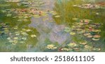 Water Lilies (1919) by Claude Monet, famous painting. Image of pink water lilies lotus river. Vintage impressionism lotus flowers art drawing illustration, Monet lotus flower old painting art print.