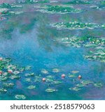 Water Lilies (1840–1926) by Claude Monet. Image of water lilies lotus in river. Vintage impressionism lotus flowers art drawing illustration, Monet water lily flower old painting art print.