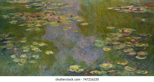Water Lilies, by Claude Monet, 1919, French impressionist painting, oil on canvas. Monet left many of his late works unfinished, but this work was an exception which he signed and sold in 1919