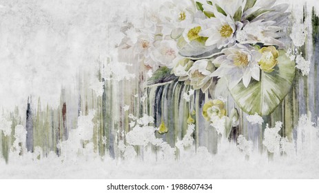 Water Lilies, Pitchers Oil Painted. Flowers Painted On A Concrete Grunge Wall. Stunningly Beautiful, Modern Mural, Wallpaper, Photo Wallpaper, Cover, Postcard Design.