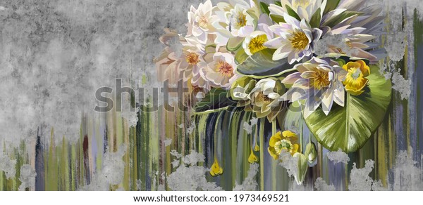 Water lilies, pitchers oil painted. Flowers painted on a concrete grunge wall. Stunningly beautiful, modern mural, wallpaper, photo wallpaper design.