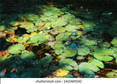 Water Lillies, Nymphaeaceae, In Lush Tropical Brazilian Rain Forest - Claude Monet Style Digital Manipulation Oil On Canvas Impressionist Effect