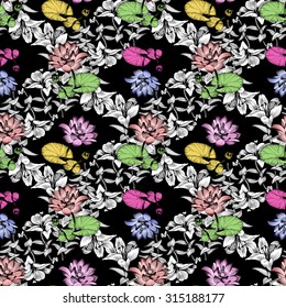 Water lily flowers on pond with summer garden blooming monochrome flowers seamless pattern on black background