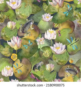 Water lily pond and frogs   dragonflies  Seamless texture  Hand drawn watercolor elements 