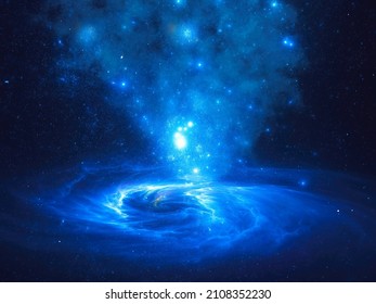 Water Magic - Abstract Esoteric Or Sci-fi 3d Illustration. Whirlpool, Stardust And Light Effects. Smoke From Circles On The Water. Blurred Blue Background.