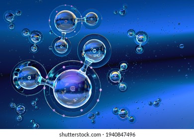 Water molecule structure 3d model, polar inorganic compound: Two Hydrogen atoms bonded to single Oxygen atom, chemical molecular formula H2O. Chemistry, physics, biology, medical science illustration