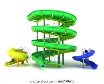 Water Park Slides Green Yellow Blue 3d Rendering On White Background