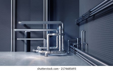 Water Pipes. Lots Of Steel Pipes Against Wall. Room With Plumbing And Communications. Tangled Sewer Pipeline. Background For Engineering Banner. Plumbing Equipment For Enterprise. 3d Rendering.