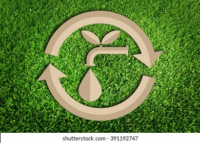 Water Recycling. Save Water Concept. Paper Cut Of Eco On Green Grass.