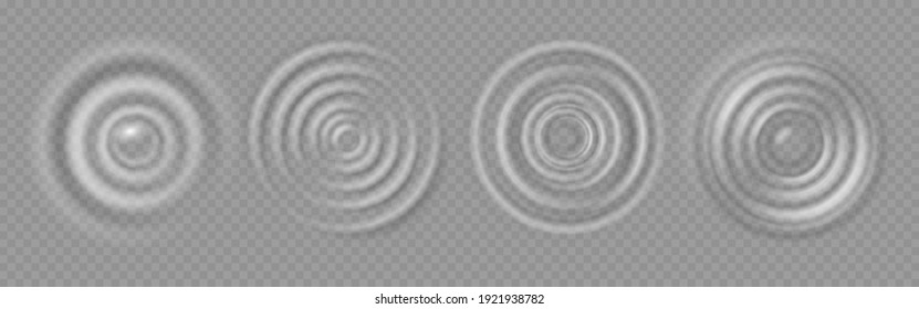 Water ripple. Realistic caustic drop or sound wave splash effects, concentric circles in puddle.  set round wave surfaces on transparent background