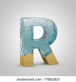 Water And Sand Letter R Uppercase. 3D Render Font. Transparent Water With Air Bubbles And Yellow Sand.