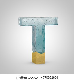 Water And Sand Letter T Uppercase. 3D Render Font. Transparent Water With Air Bubbles And Yellow Sand.