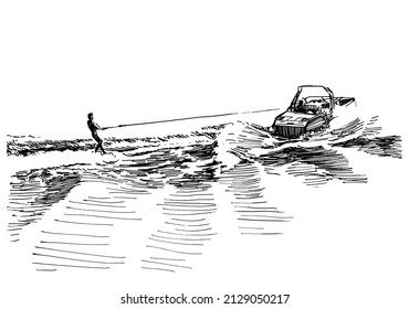 Water skier skiing on the waves, healthy lifestyle. Black and white pen and ink illustration. Etching, engraving, book illustration style graphic.