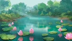The Water Source With Lotus Flowers In The Pond Is Very Beautiful.