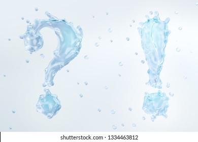 Water splash with water droplets in the form of fluid question and exclamation mark from water alphabet, isolated on light background. Liquid template fluid design element. Clipping path. 3D render