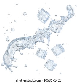 Water splash with ice cubes and water droplets isolated on white background. Clipping path included. 3D illustration