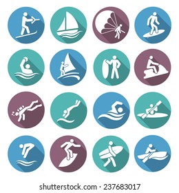 Water Sports White Icons Set With Diving Sailing Windsurfing People Isolated  Illustration