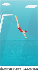 Water Sports. Woman Jumping From A Springboard Into The Water - Abstract Grunge Background -   Bitmap Image