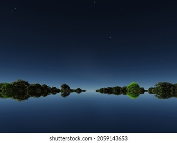 Water Surface, Forest On The Horizon. 3D Rendering