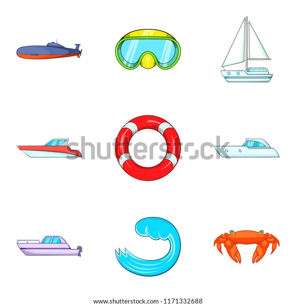 Water surface icons set.\
Cartoon set of 9 water surface icons for web isolated on white\
background