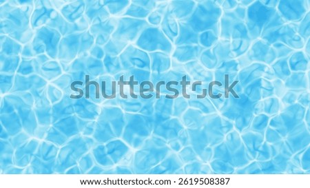 Water surface texture top view, water waves with light reflections. Caustic ripples background, calm clear water in the swimming pool. Summer holiday, vacation. Blue water. 