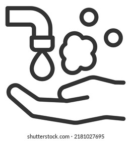 Water From The Tap Dripping On The Hand, Soap Foam Rose - Sign, Web Icon, Illustration On A White Background, Outline Style