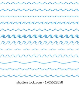 Water Wave Set. Line Waves Seamless Pattern Collection. Sea And Ocean Graphic Design. 