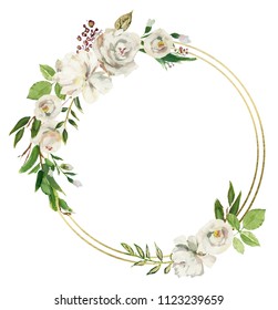 Watercoloj Floral Wreath Roses Peonies Leaves White Ivory Gold Green Isolated On Background