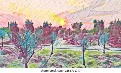 Watercolor Abandoned City On Sunset Stock Illustration 2153791747 ...