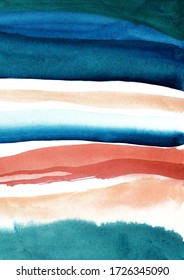 Watercolor abstract art with blue, aquamarine, burnt orange colors. Good for wall art print, background, package. Horizontal lines.